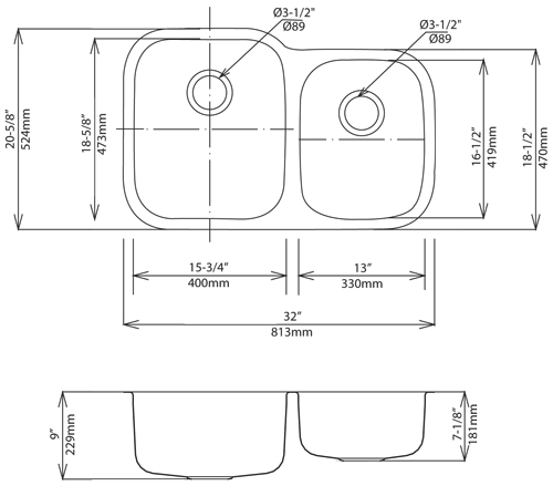 Kraus KBU24 Stainless Steel 32" Double Basin 16 Gauge Stainless Steel